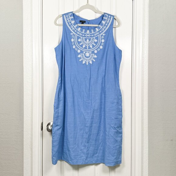 Talbots Dresses & Skirts - Talbots Shift Dress Women’s 14 Blue Embroidered Cotton Sleeveless Lined Knee